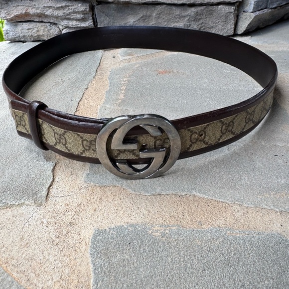Gucci Brown and Tan Monogram Belt with GG Buckle - Picture 1 of 7